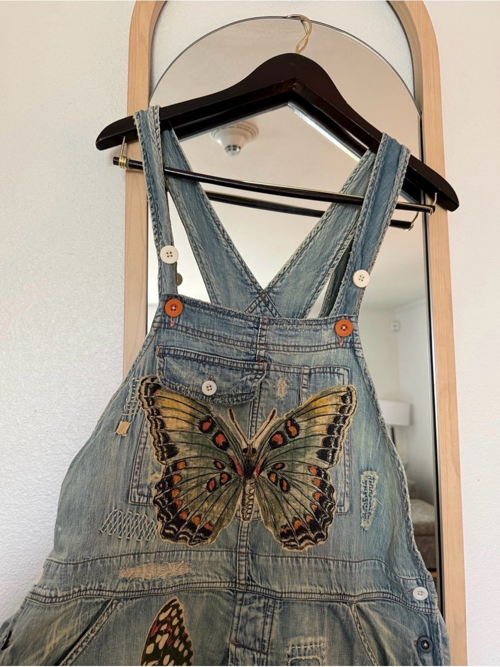 Magnolia Pearl Cotton Denim Appliqué Butterfly Overalls - Picture 3 of 14
